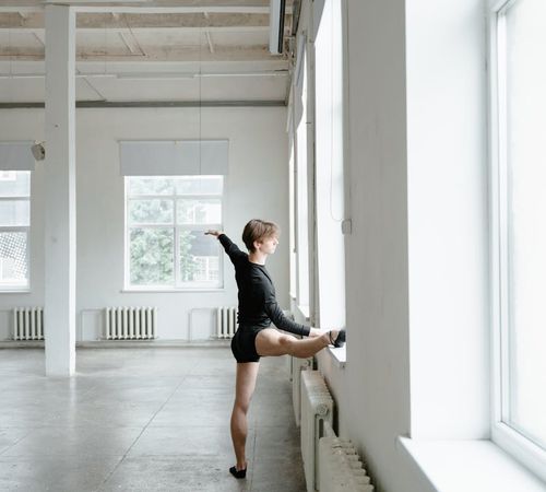 A welcoming and bright studio space ready for a class.